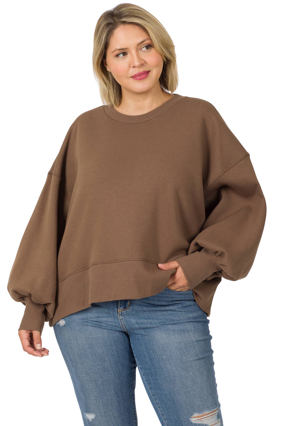 Sweatshirt Oversize Balloon Sleeve (Plus Size) - Mocha