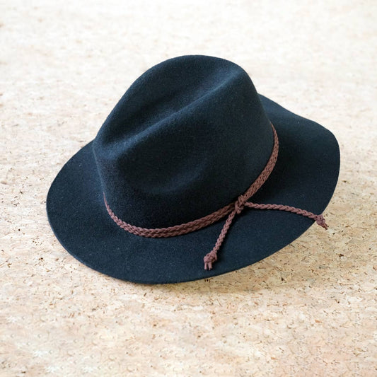 Wool Felt Braided Strap Fedora Hat - Black