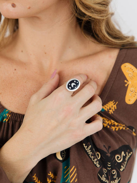 Ring - Enamel Moon Ring Silver Tone