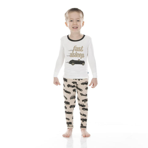 2 Piece Pajama Set (Long Sleeve) - Burlap Vintage Cars with Graphic Top