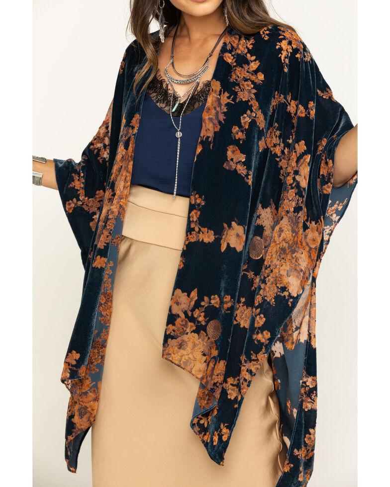 Tops de mujer - Kimono desgastado de terciopelo floral azul Angie