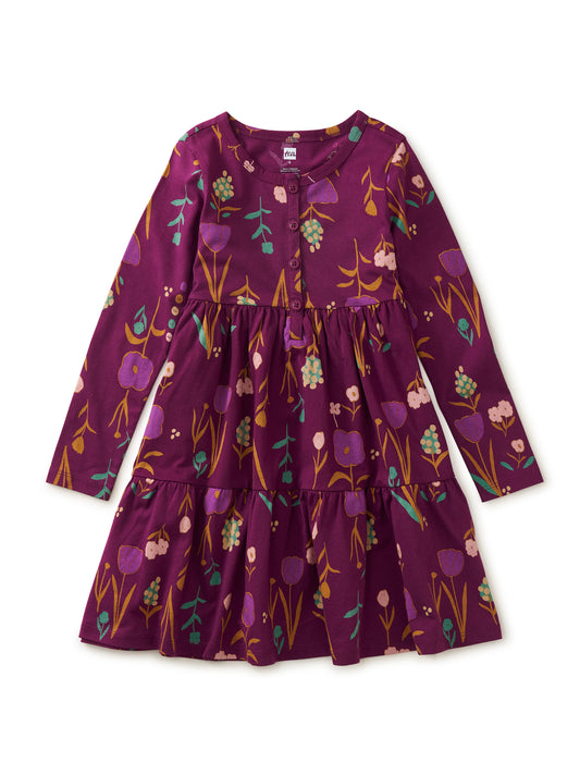 Tiered Henley Dress (Long Sleeve) - Freyja Floral in Purple