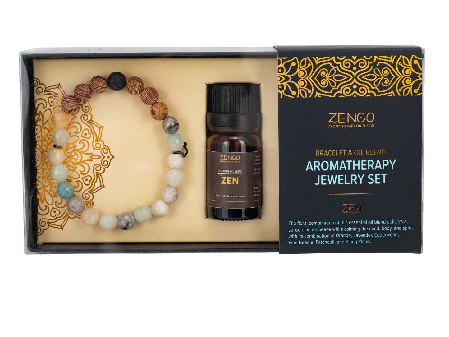 Bracelet - Zengo Aromatherapy + Oil Set - Wood/Mint Beads