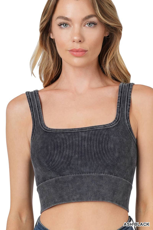 Ribbed Crop Tank Square Neck - Black Acid Wash