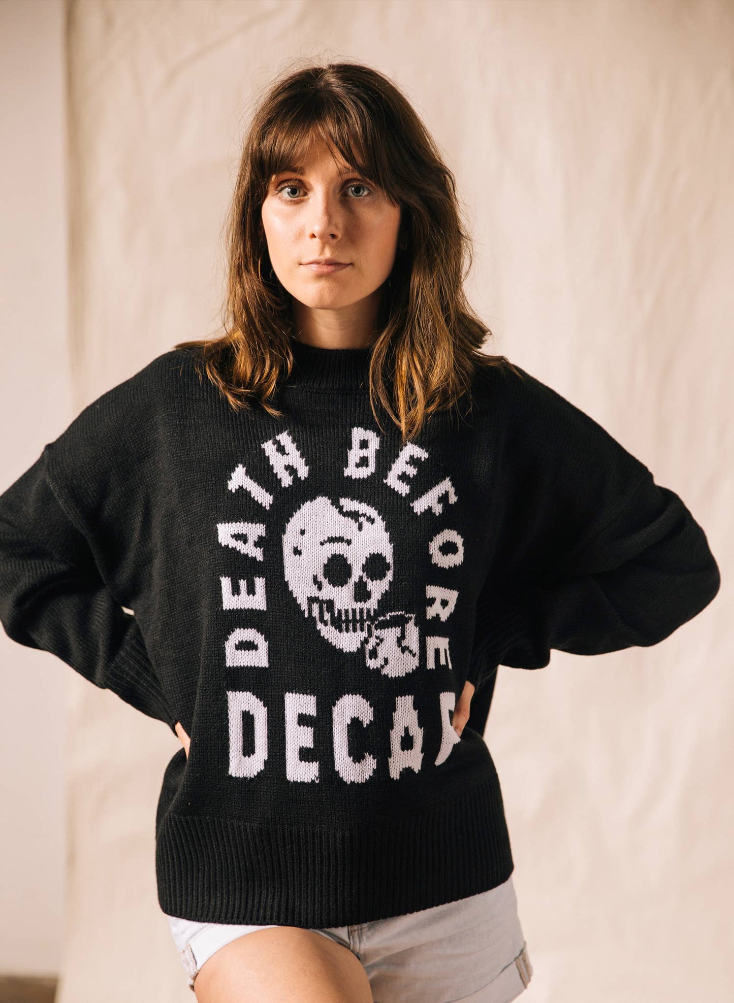 Women's Knit Pullover Sweater - Death Before Decaf