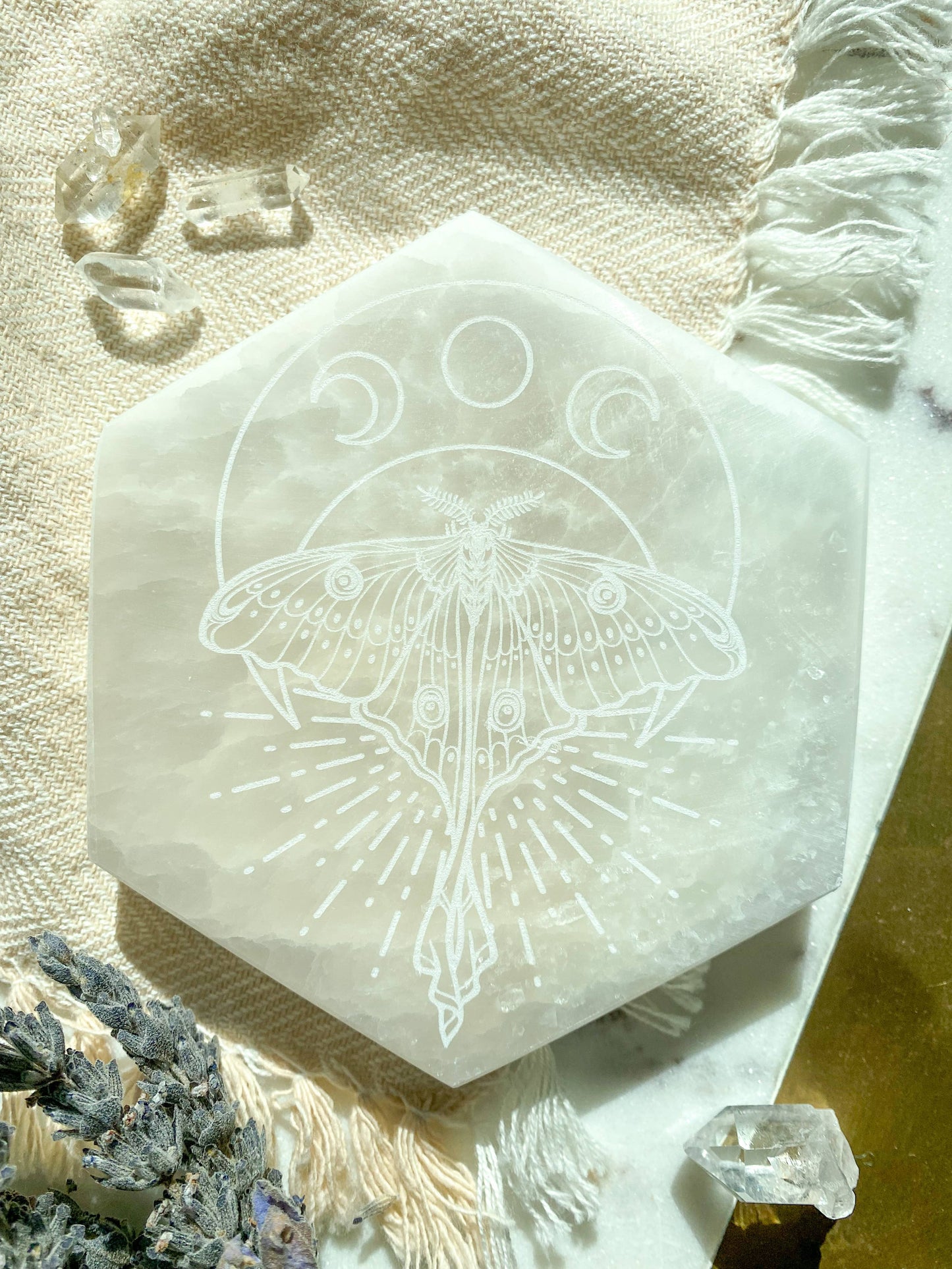Selenite Hexagon Crystal Charging Plate - Luna Moth (6")