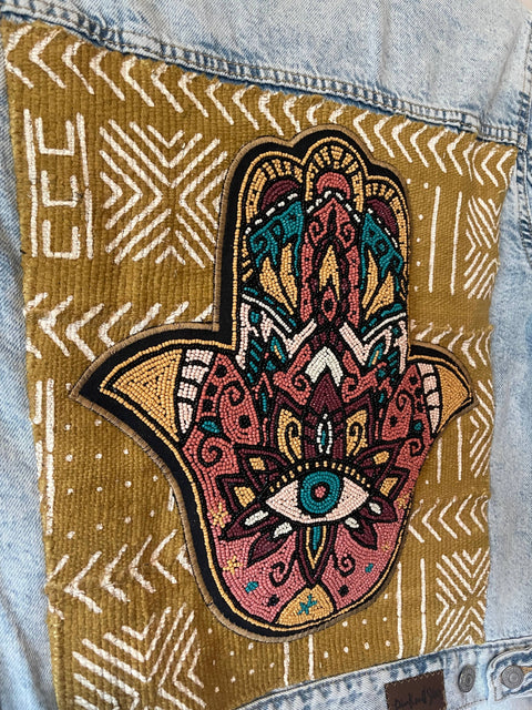 Denim Jacket - Hand Beaded Hamsa w/African Mud Cloth