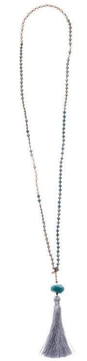 Necklace - Hand-Knotted Stone, Crystal & Tassel - Light Gray