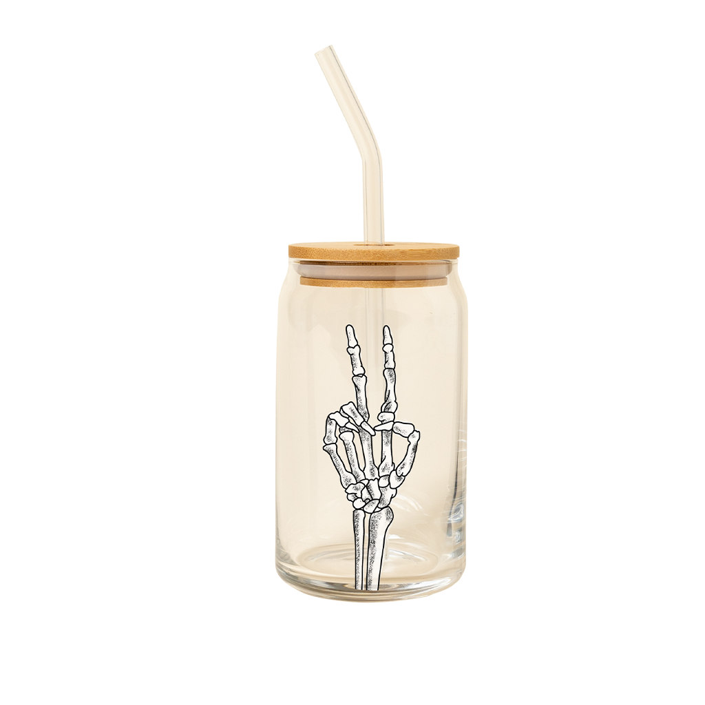 Can Glass with Lid & Straw - Skeleton Peace
