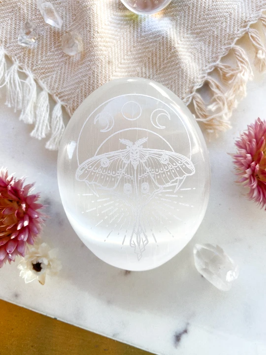 Etched Selenite Palmstone - Mystic Luna Moth (3")