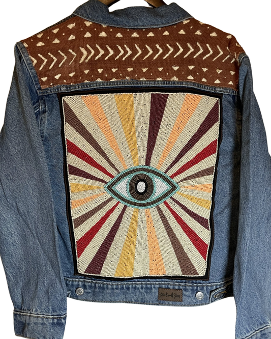 Denim Jacket - Embellished Medium Wash With Evil Eye