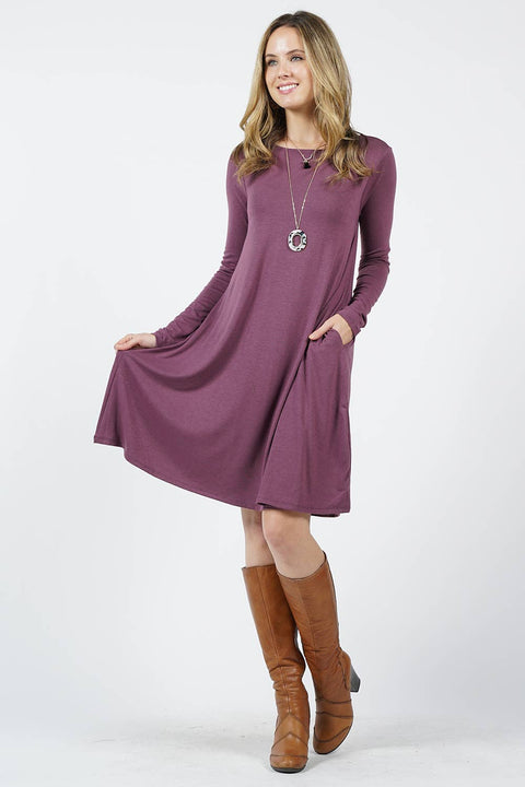 Flare Dress - Long Sleeve with Pockets (Eggplant) Windy Woman Inc Family of Stores Flare Dress - Long Sleeve with Pockets (Eggplant) Windy Woman Inc Family of Stores