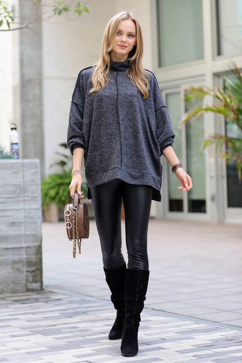 Hacci Mock Neck Sweater(Plus Size) - Charcoal Black