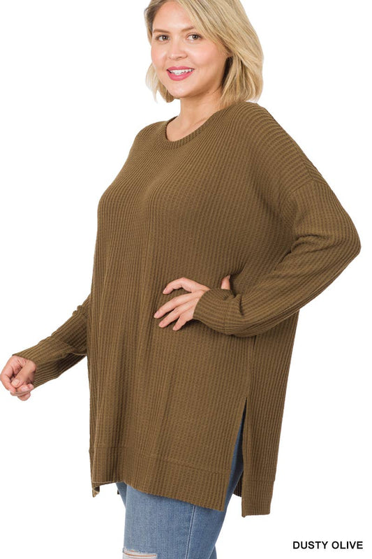 Thermal Waffle Sweater Round Neck (Plus Size) - Dusty Olive