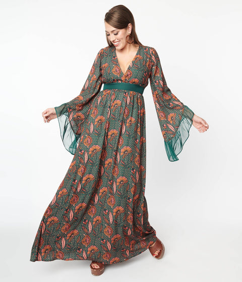Dress - Green & Orange Bali Floral Print Maxi