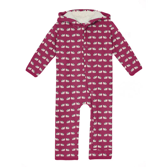 Fleece Coverall with Sherpa Lined Hood and Ears - Berry Cow