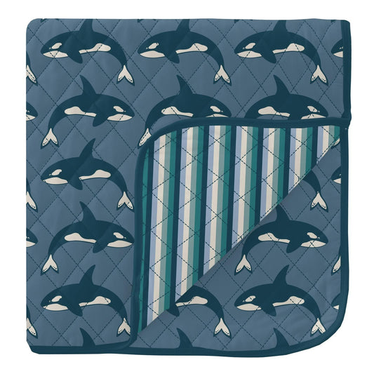 Quilted Toddler Blanket - Parisian Blue Orca + Dino Stripe