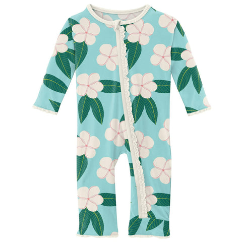 Coverall with Muffin Ruffles (Snaps/Zipper) - Summer Sky Plumeria