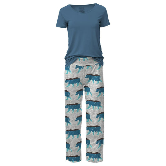 Last One - Size 3XL: Women's Loosey Goosey Pajama Set (Short Sleeve) - Heather Mist Night Sky Bear