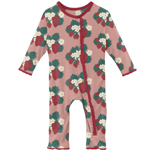 Coverall with Muffin Ruffles (Snaps/Zipper) - Blush Strawberry Farm