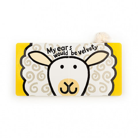 Illustrated lamb on a yellow background with textured ears and text that reads "my ears would be velvety"