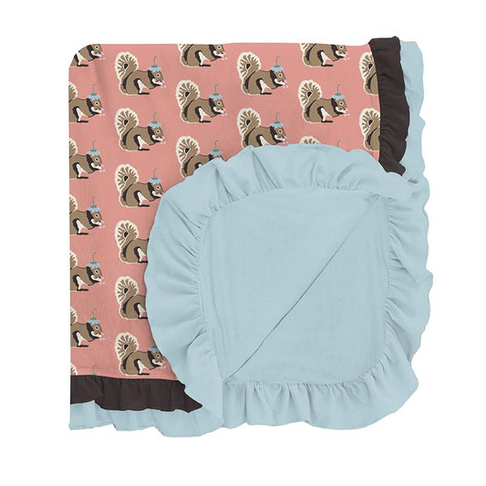Stroller Blanket with Double Ruffles - Blush Squirrel with Flower Hat