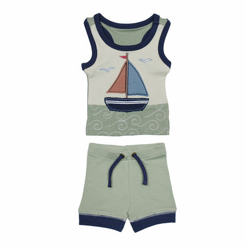 Tank + Bike Short Set - Sailboat Applique