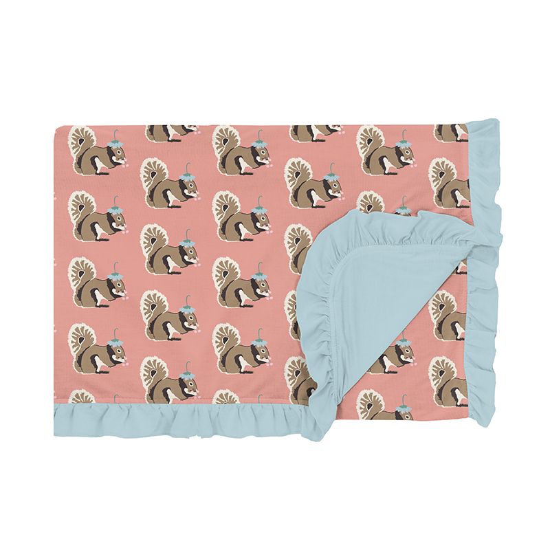 Toddler Blanket with Ruffles - Blush Squirrel with Flower Hat