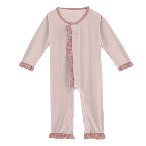 Last One - Size 12/18M: Long Sleeve Dhalia Flower Romper - Baby Rose with Antique Pink