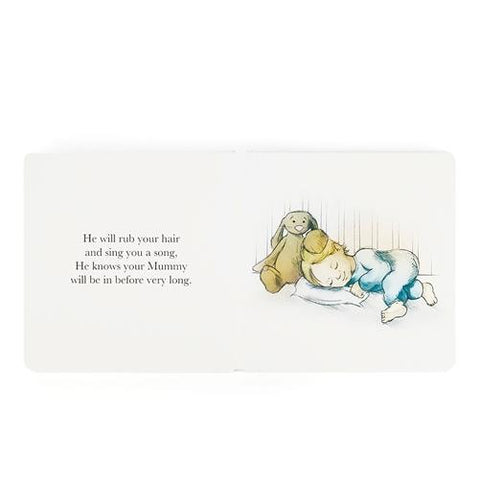 Illustrated stuffed bunny sits next to blonde young girl sleeping