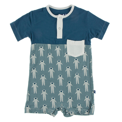 Last One - Size 3/6M: Henley Romper (Chest Pocket)- Dusty Sky Astronaut