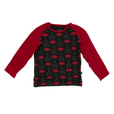 Last One - Size 2T: Raglan Tee (Long Sleeve) - Umbrellas and Rain Clouds