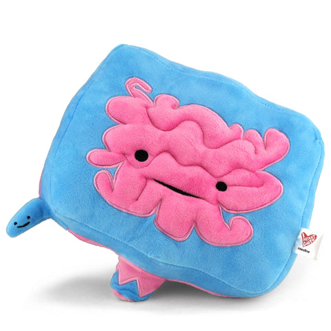 Image shows a blue and pink stuffed intestine