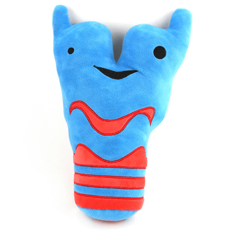 Image shows a stuffed blue and orange larynx & trachea