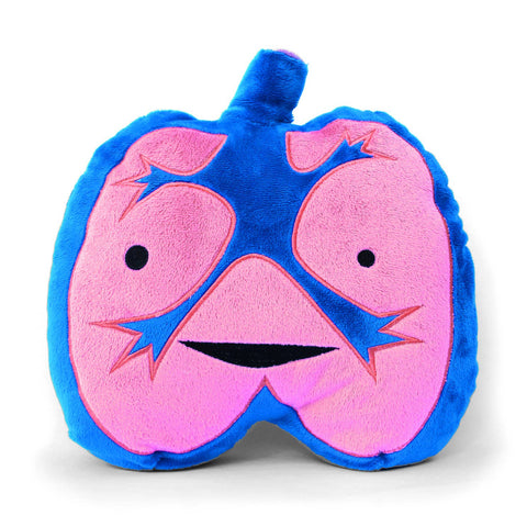 Image shows a stuffed blue and pink set of lungs