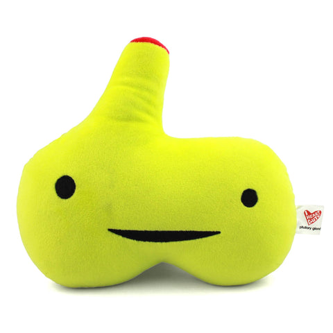 Image shows a yellow stuffed pituitary gland with a happy face