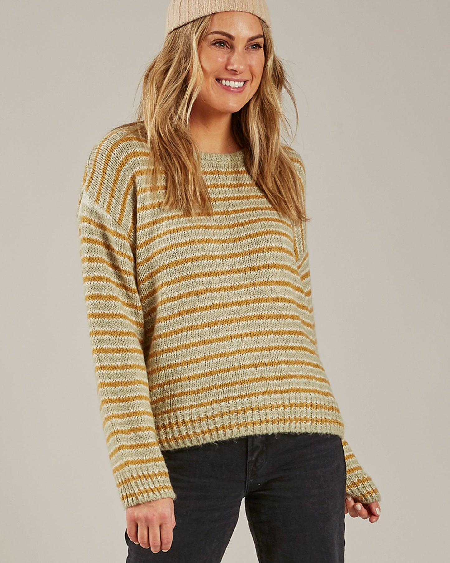 Last One - Size Large: Aspen Sweater (Adult) - Agave / Gold stripe
