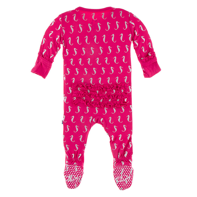 Last One: 3/6 Months - Footie with Classic Ruffles (Snaps) - Prickly Pear Mini Seahorses