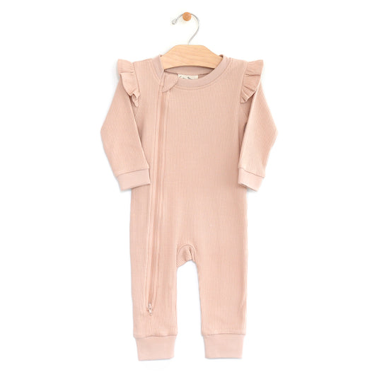 Romper - Ribbed Frill Sleeve in Peach