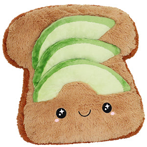 A plush toy resembling a slice of avocado toast with a smiling face.
