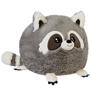 A plush toy resembling a baby raccoon with a gray body, white ears, and a black and white striped tail.