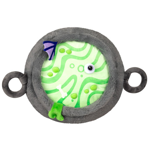 A top-down view of the plush cauldron. The fabric is green with an eyeball and bat wing.