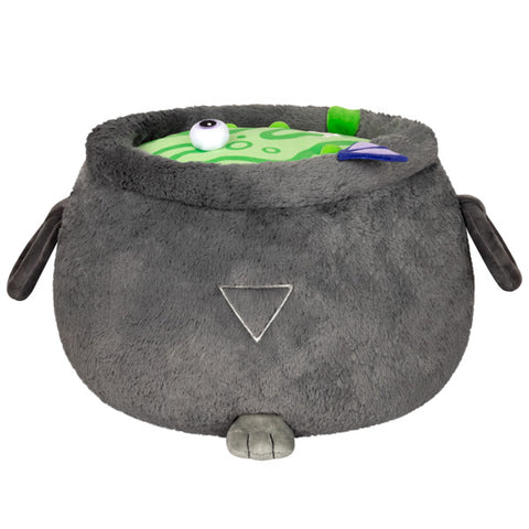 A back view of the plush cauldron. It has an upside-down triangle embroidered in.