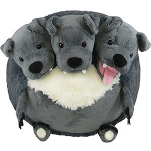 A plush toy depicting the mythological Cerberus with three heads, primarily in gray colors with a white chest.