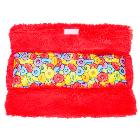 Top-down view of the plush cereal box. The top opens to show rainbow loops cereal.