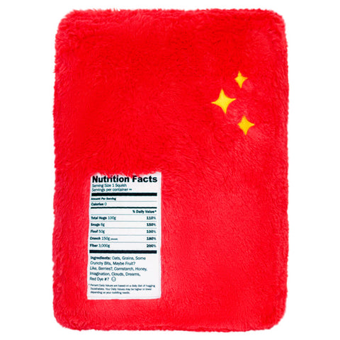 Back view of the plush cereal box. It has a nutrition facts label.