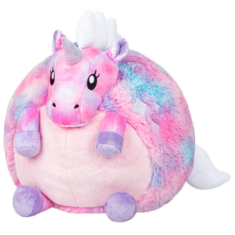 A plush toy resembling a baby unicorn with pink, purple, and white colors. It has a soft, fluffy texture and features such as eyes, hooves, and a horn are visible.