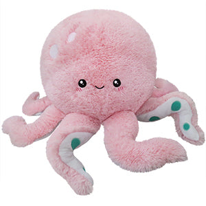 A plush pink octopus with white and green spot details on its tentacles, and a smiling face.