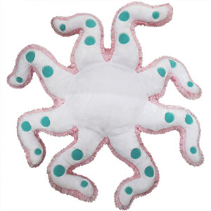 Bottom view of the plush octopus. It is white with turquoise dots.