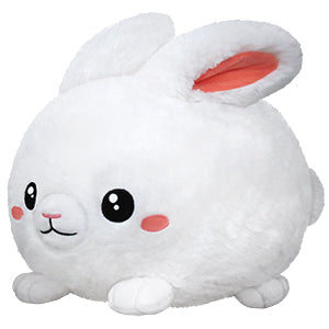 A white fluffy bunny with a face, ears, and feet, made of soft material, likely a plush toy.